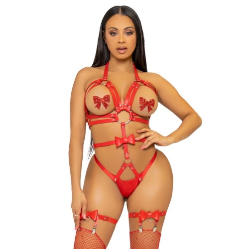 LEG AVENUE KINK STUDDED O-RING HARNESS TEDDY SIZE L